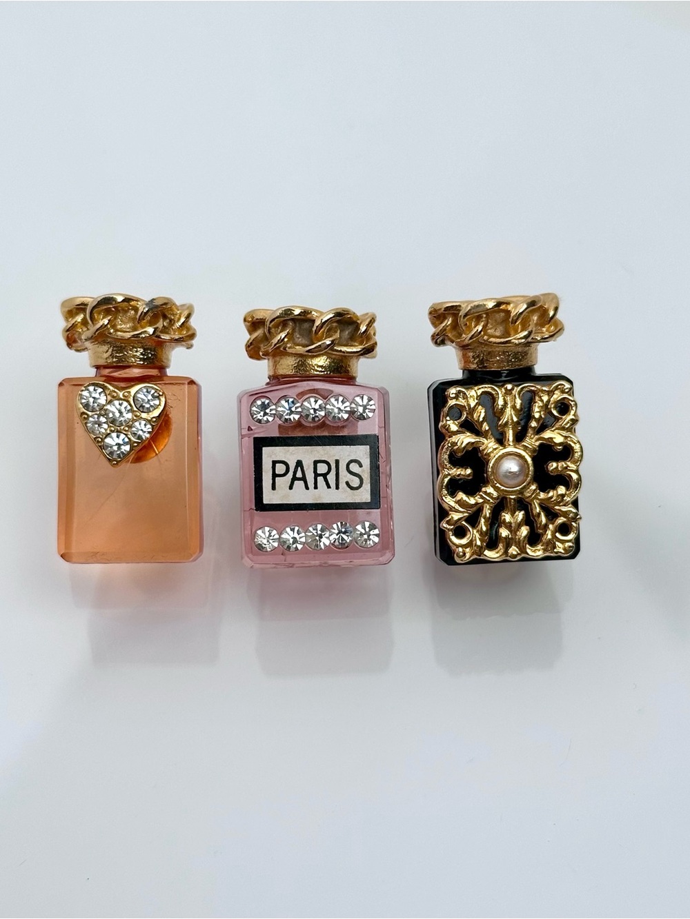 Vintage Perfume Bottle Lucite Lapel Tac Pin Set of 3 Paris Rhinestone